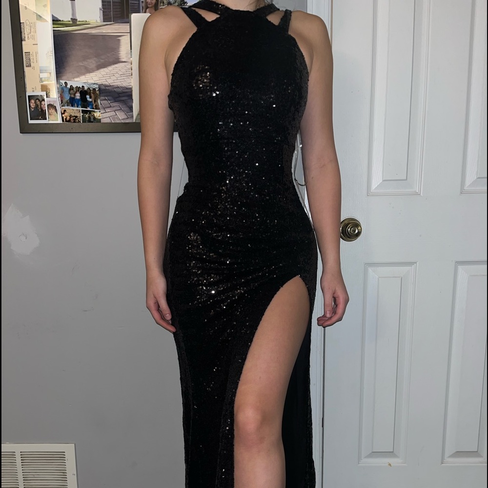 Long Black Shiny High Slit Dress